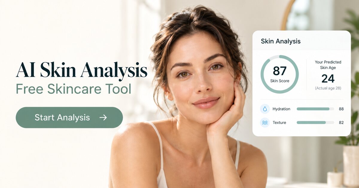 Screenshot of AI Skin Analysis by HowOldDoYouLook, Free photo-based skin scoring with a predicted skin age and tailored tips