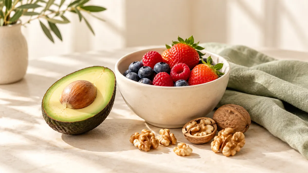 Avocado, berries and walnuts, foods that support glowing skin