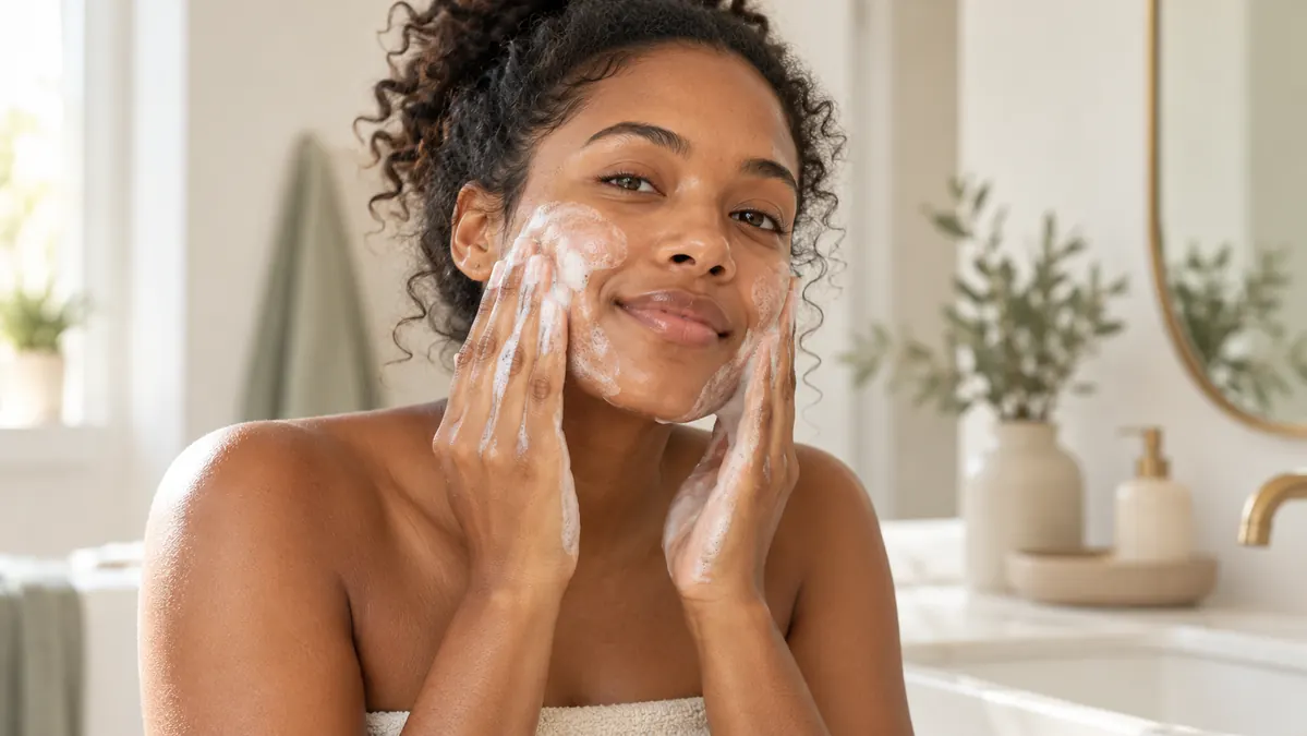 Woman washing her face with a gentle cleanser at the sink