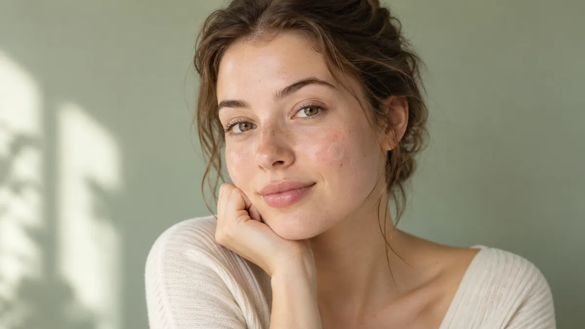 Woman with clear, healthy skin resting her chin on her hand