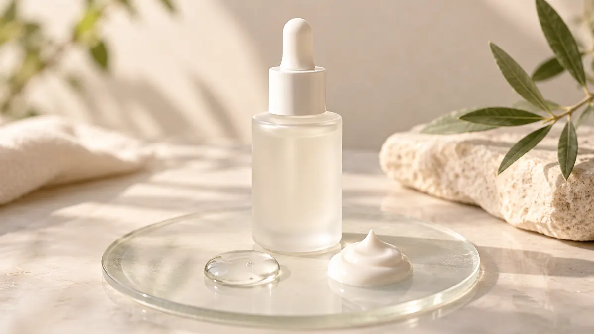 Hydrating serum bottle next to a dollop of moisturizing cream