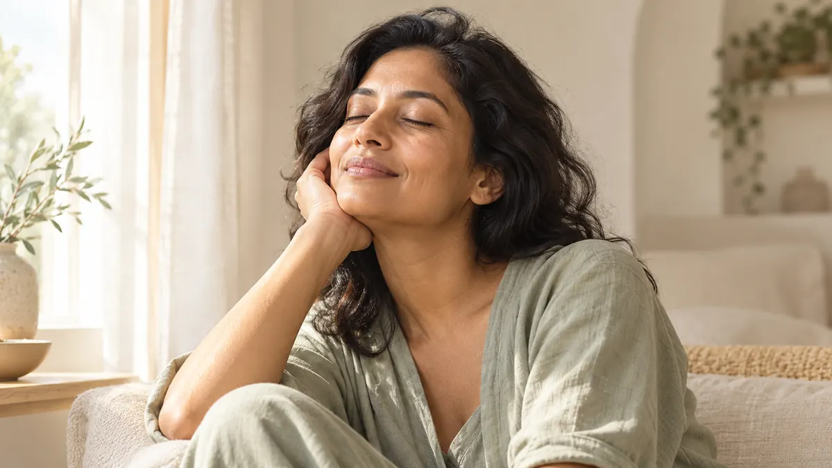 Relaxed woman resting on a sofa in a calm, sunlit room