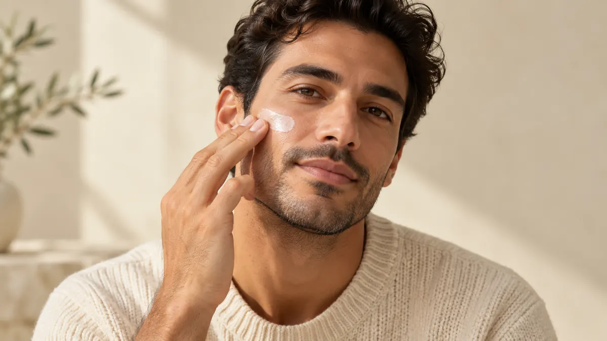 Man applying a barrier repair cream to his cheek