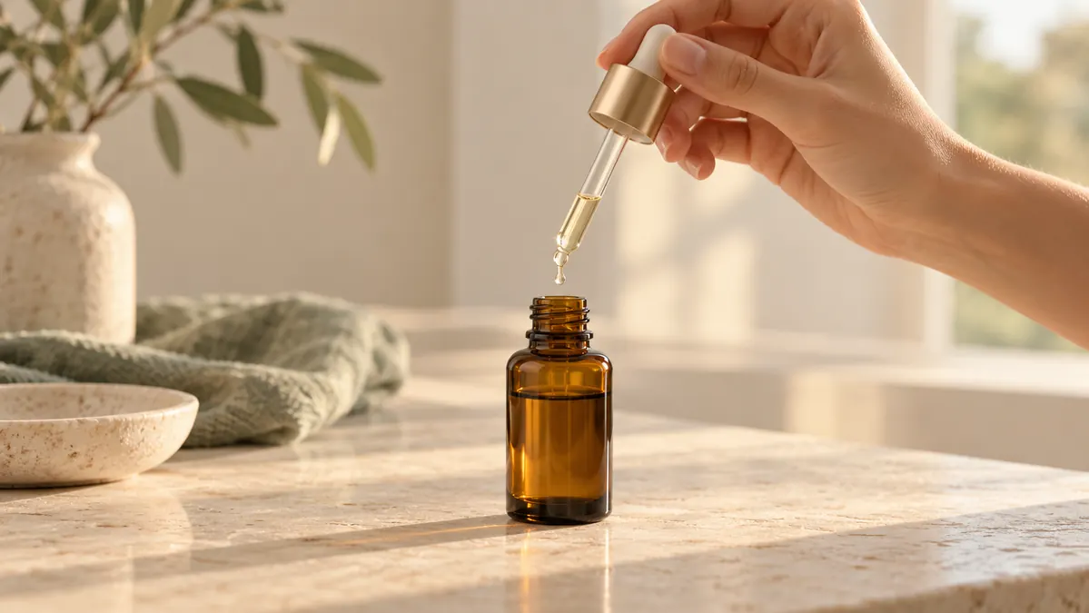 Dropper drawing retinol serum from an amber glass bottle