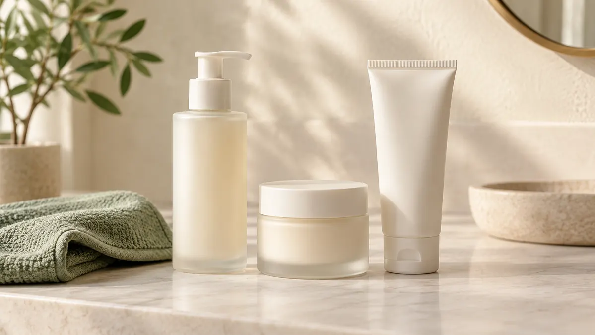 Cleanser, moisturizer jar and cream tube lined up on a bathroom counter