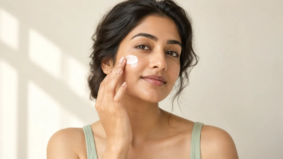 Woman applying sunscreen to her cheek in bright sunlight